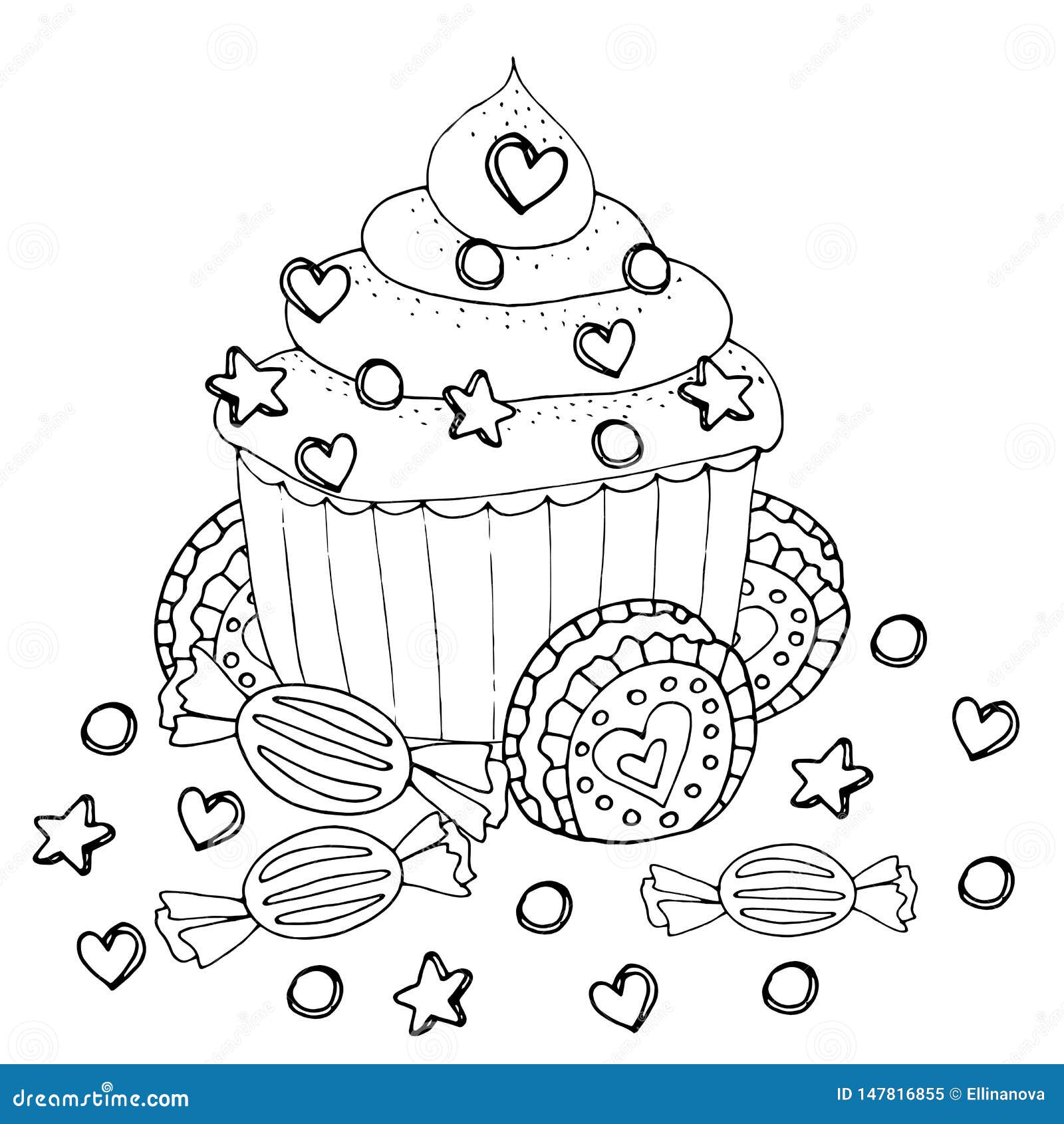 Coloring page with cake cupcake candy and other dessert stock vector