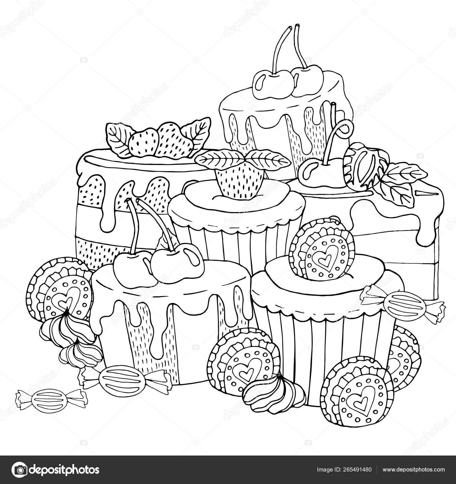 Coloring page with cake cupcake candy and other dessert with b stock vector by ellinamailru