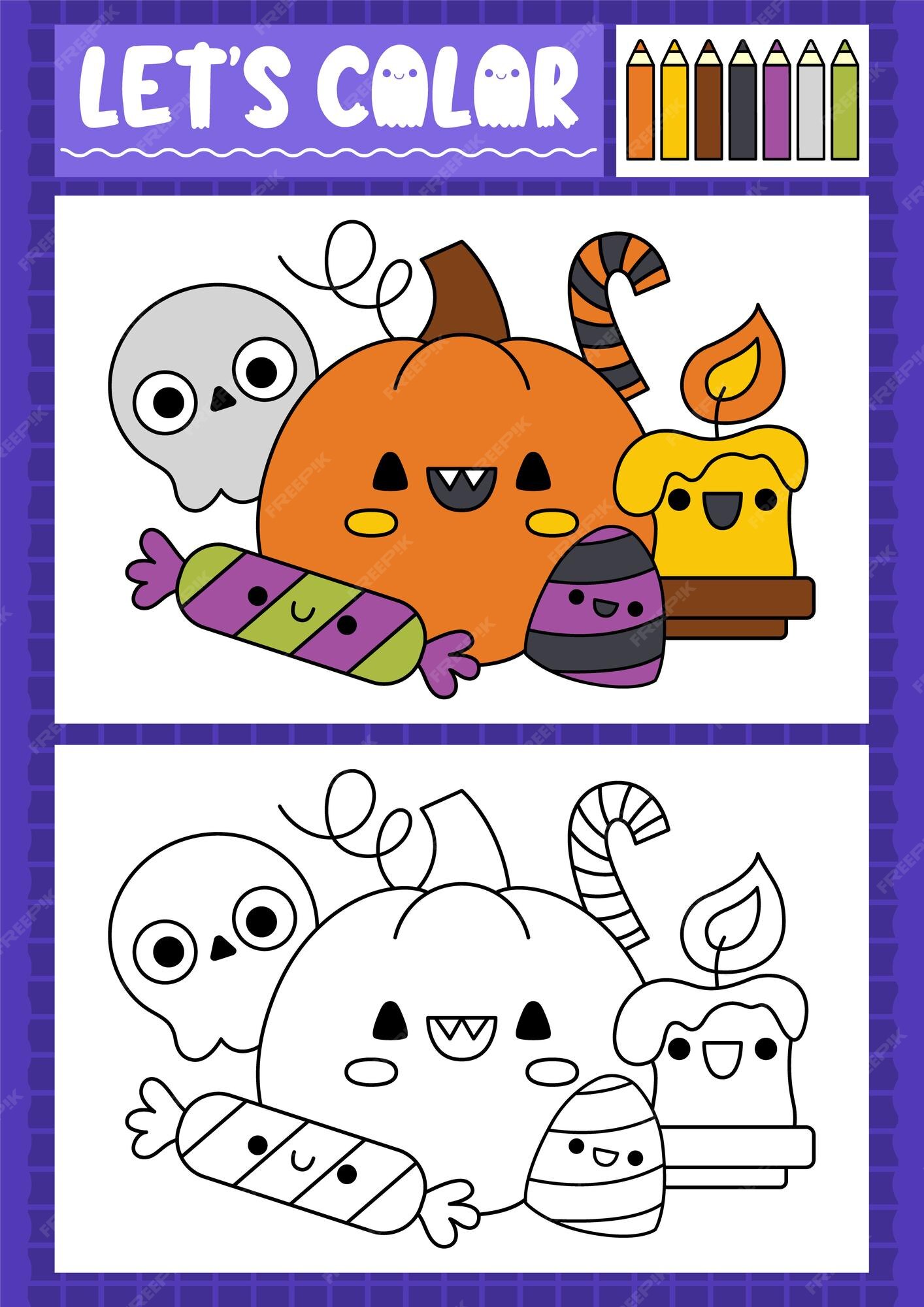 Premium vector halloween coloring page for children with cute kawaii sweets and treats vector autumn holiday outline illustration color book for kids with colored example drawing skills printable worksheet