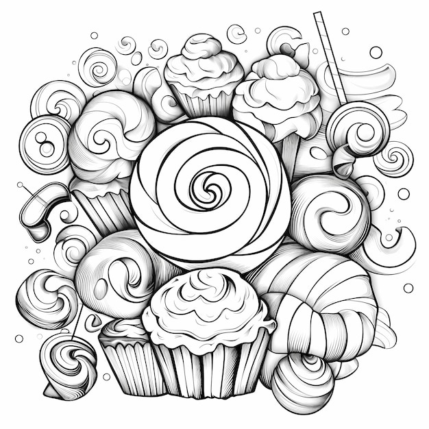 Premium ai image sweet treats galore black and white coloring book with assorted candies