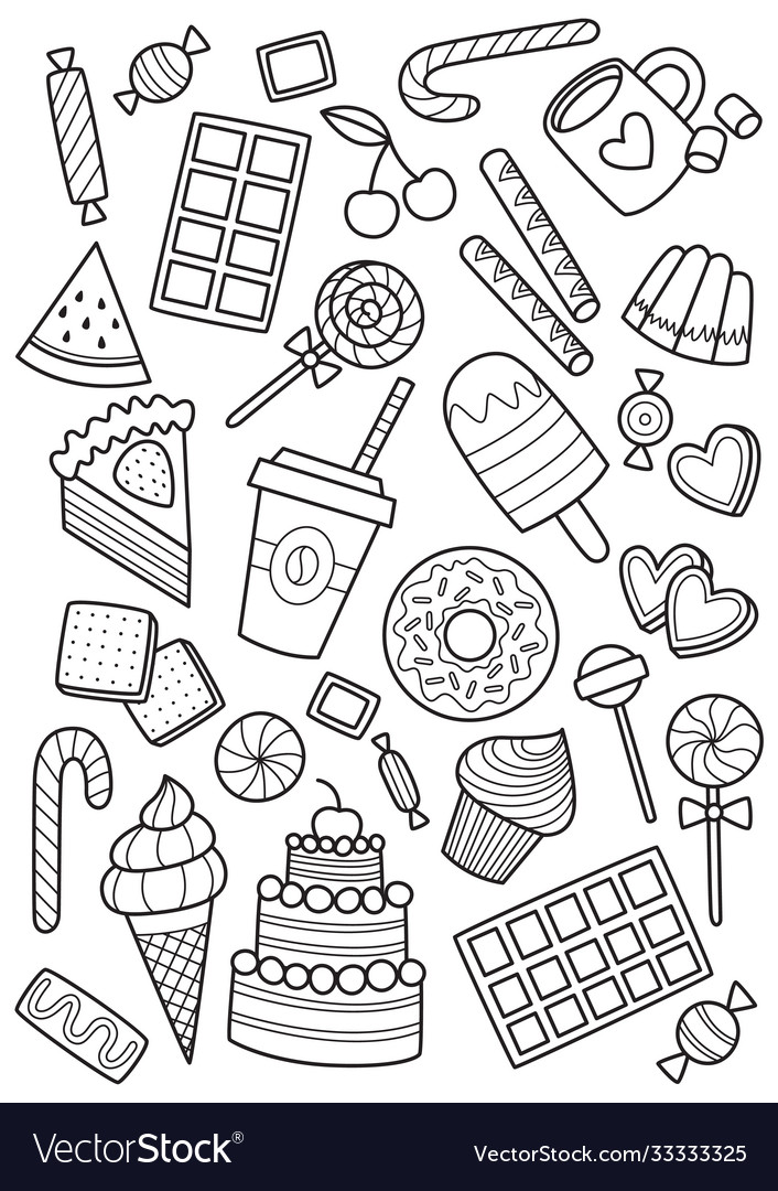 Sweets doodle coloring book page antistress vector image
