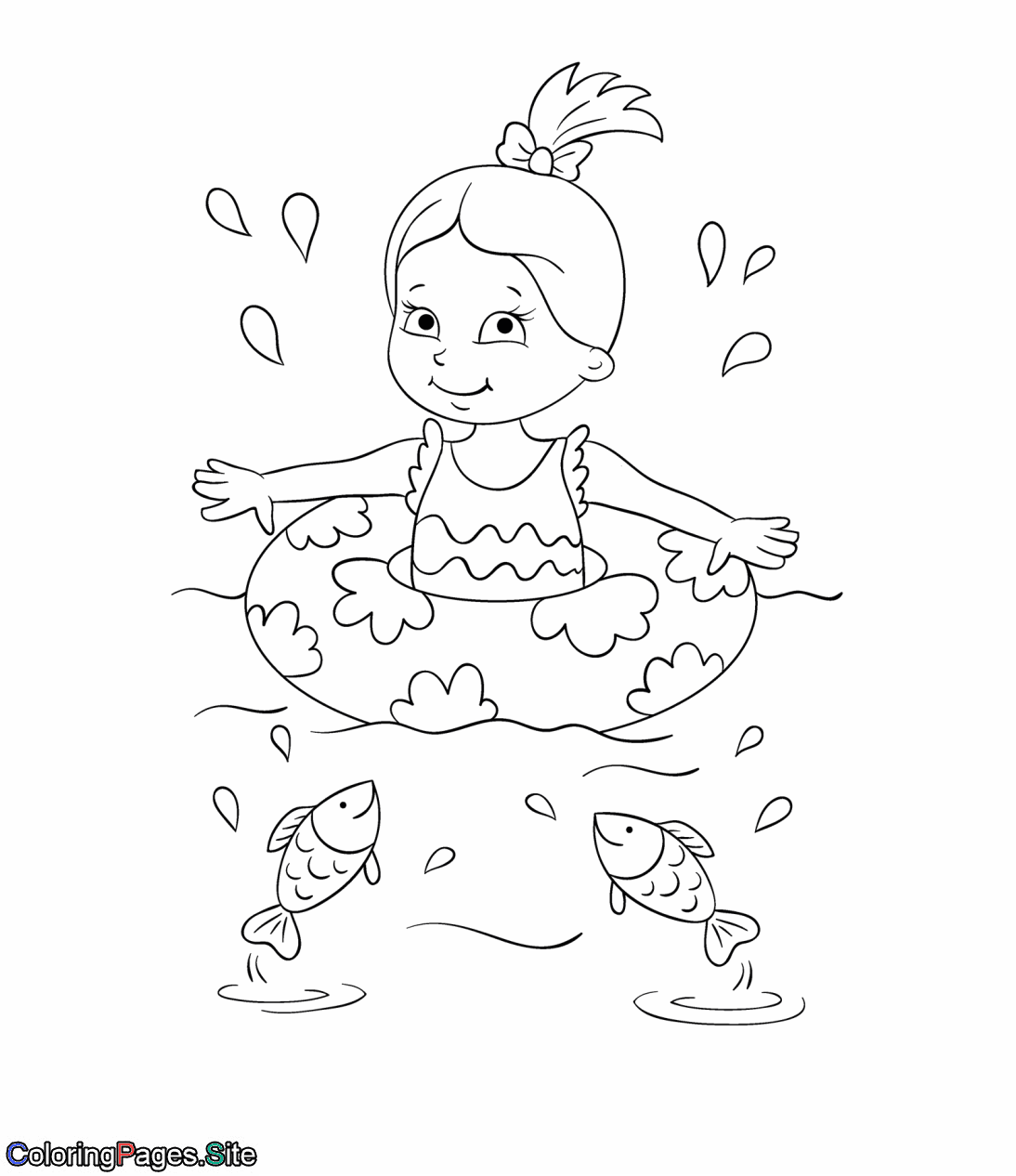 Girl swimming in the sea with fish coloring page