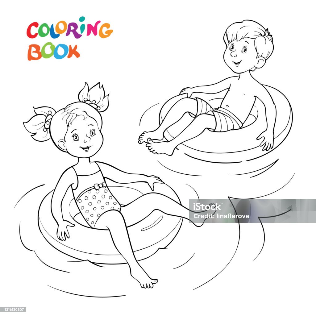 Coloring page happy children swim on rubber rings in the water stock illustration