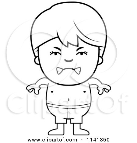 Cartoon clipart of a black and white angry boy in swim trunks
