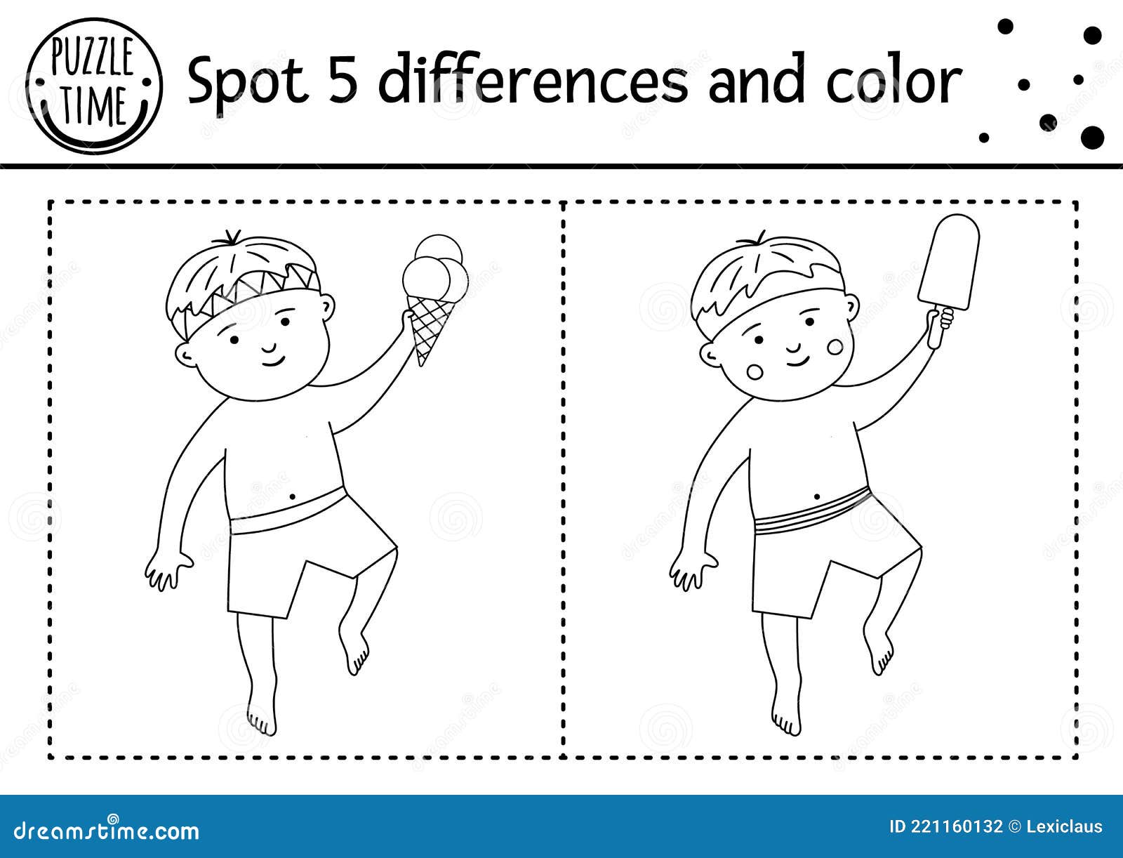 Summer find differences game for children with cute kid in swimming trunks and ice