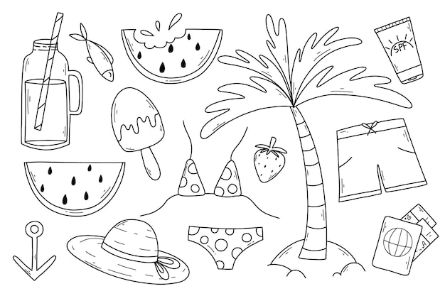Premium vector set of summer elements in doodle style vector illustration linear collection with swimwear swimming trunks passport cream palm vacation items collection