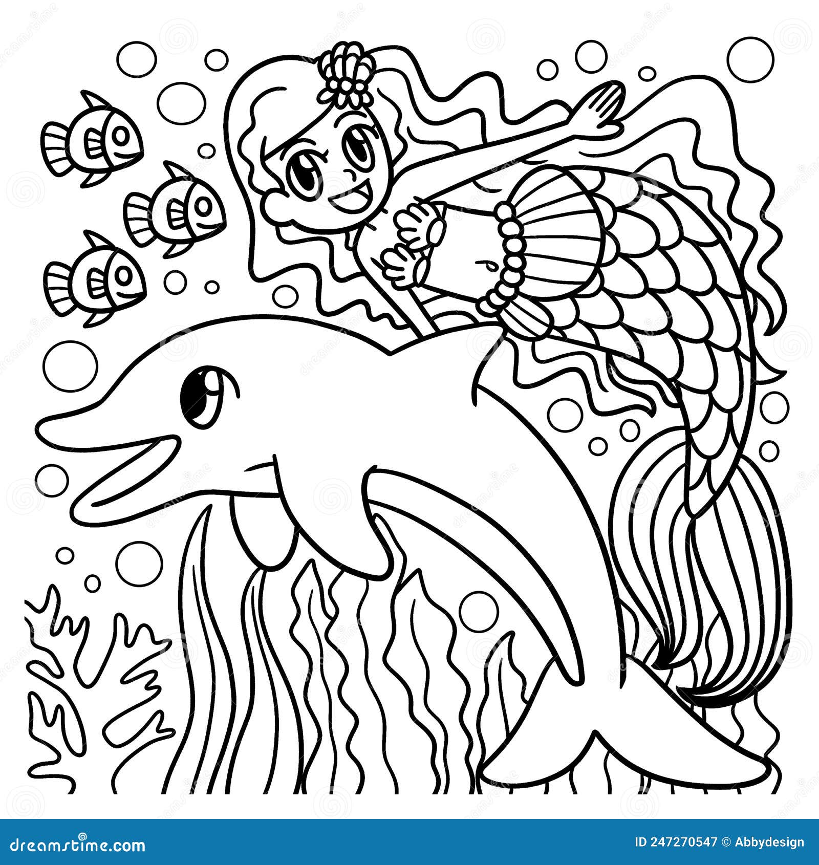 Swimming mermaid and dolphin coloring page stock vector
