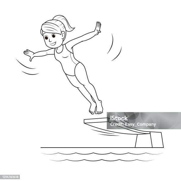 Vector illustration of a woman jumping from springboard to the swimming pool isolated on white background sport petition or training concepts kids coloring page color cartoon character clipart stock illustration