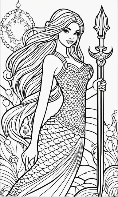 Line art drawing of a beautiful mermaid swimming in a coral reef with pattern