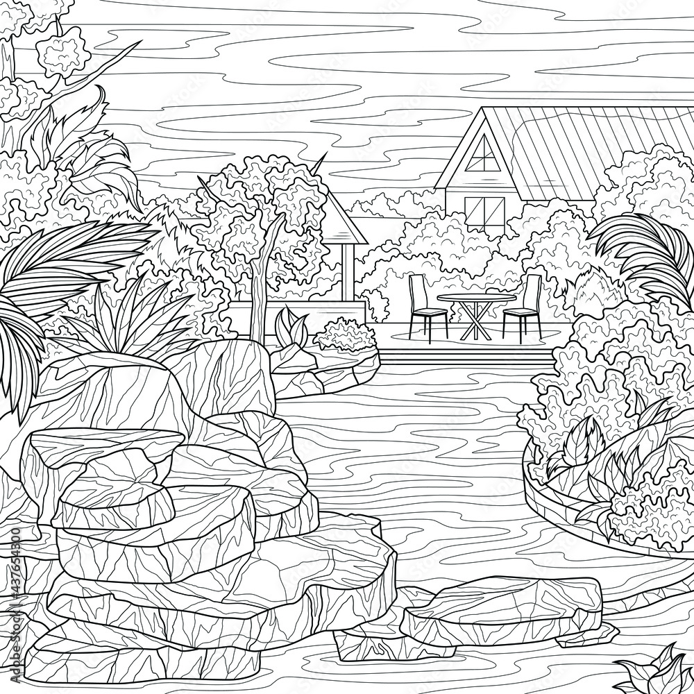 Swimming pool in the yardcoloring book antistress for children and adults illustration isolated on white backgroundzen