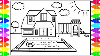 How to draw a house with a pool for kids ððð house with pool drawing and coloring pages for kids