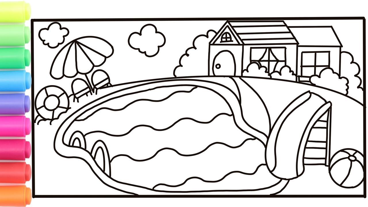 How to draw a house with a pool for kids coloring house with pool drawing and coloring pages â