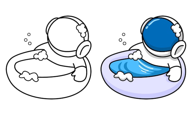 Premium vector cute astronaut take a bath coloring page for kids