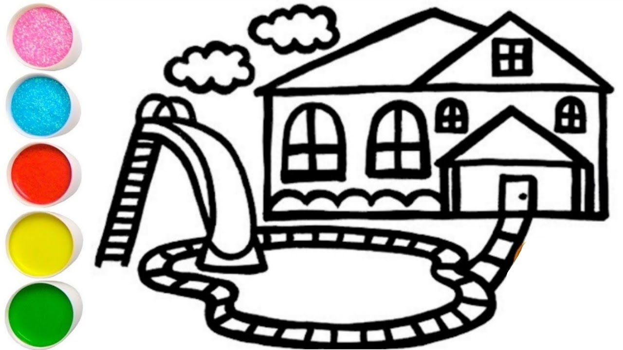 Swiing pool with house drawing for kids and toddlers drawing for kids