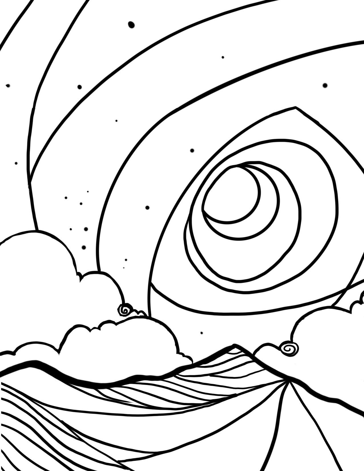 Downloadable coloring page night sky with moon and mountains celestial