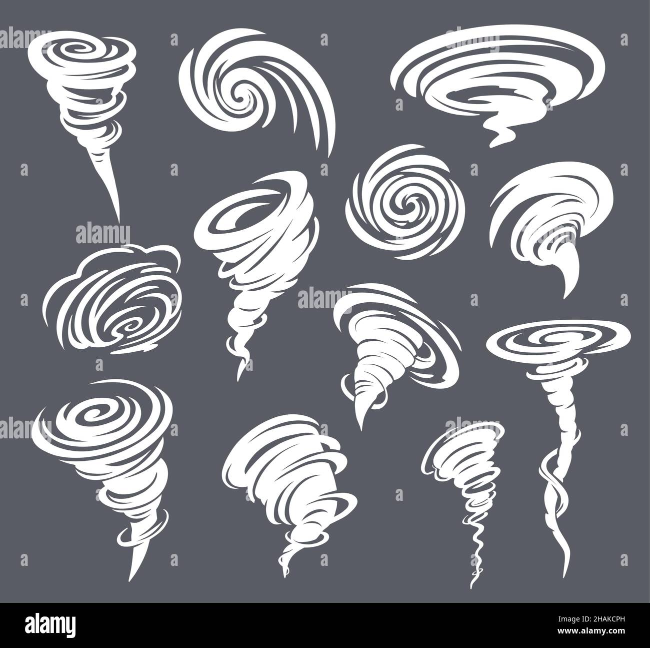 Cartoon tornado hurricane or twister cyclone storm or vortex isolated vector tornado and typhoon white swirls of whirlwind swirls of storm wind stock vector image art