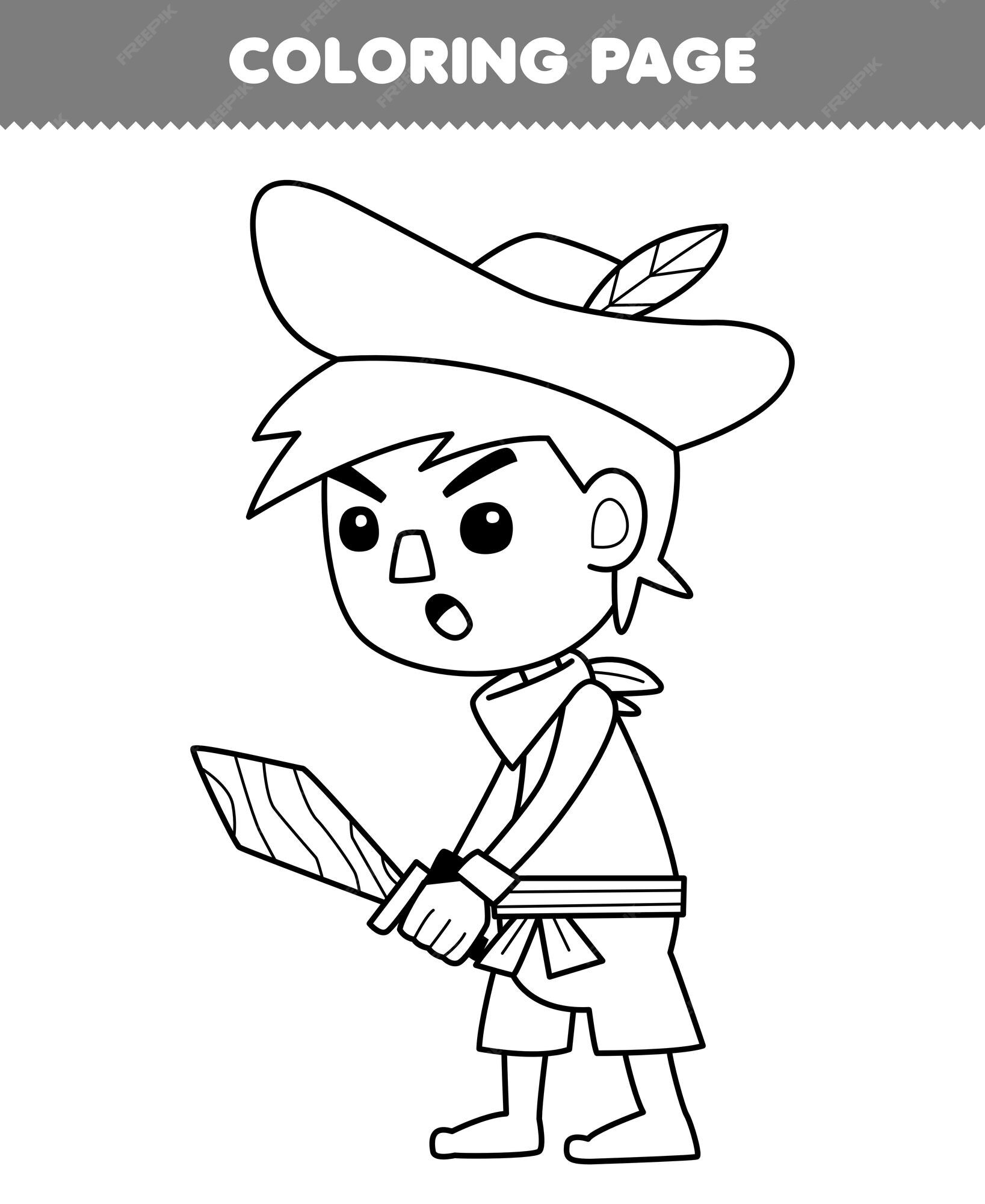 Premium vector education game for children coloring page of cute cartoon boy holding a wooden sword line art printable pirate worksheet