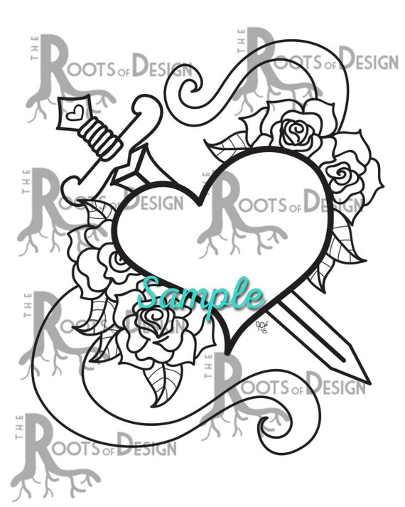 Instant download coloring page heart with sword coloring print doodle art printable