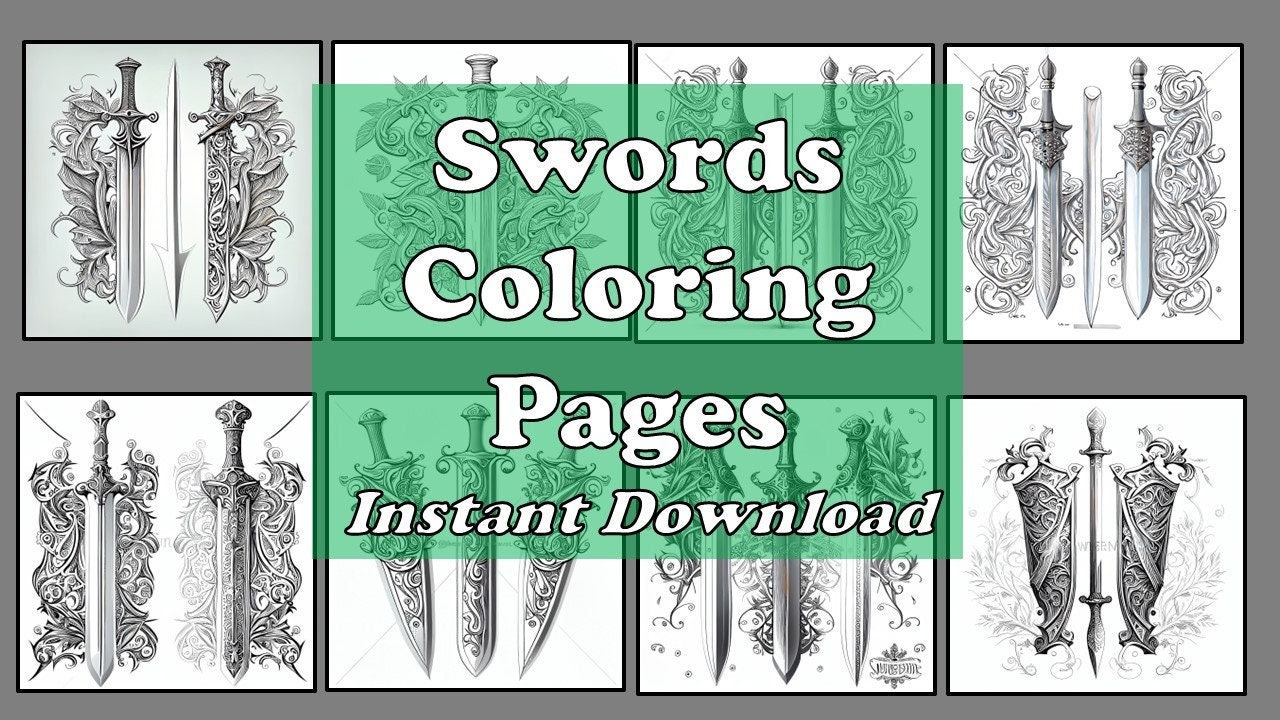 Pack stress relief coloring pages swords digital print filigree detailed mandala instant download set coloring pages for adults