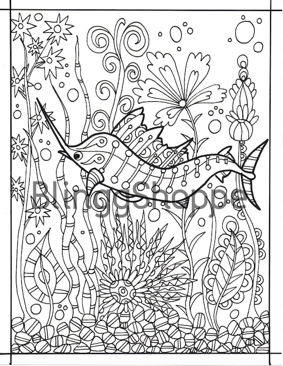Adult coloring pages swordfish coloring pages sealife coloring pages printable coloring pages instant download