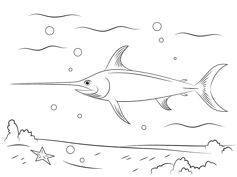 Swimming swordfish coloring page