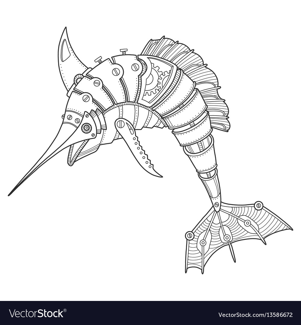 Steam punk style swordfish coloring book vector image