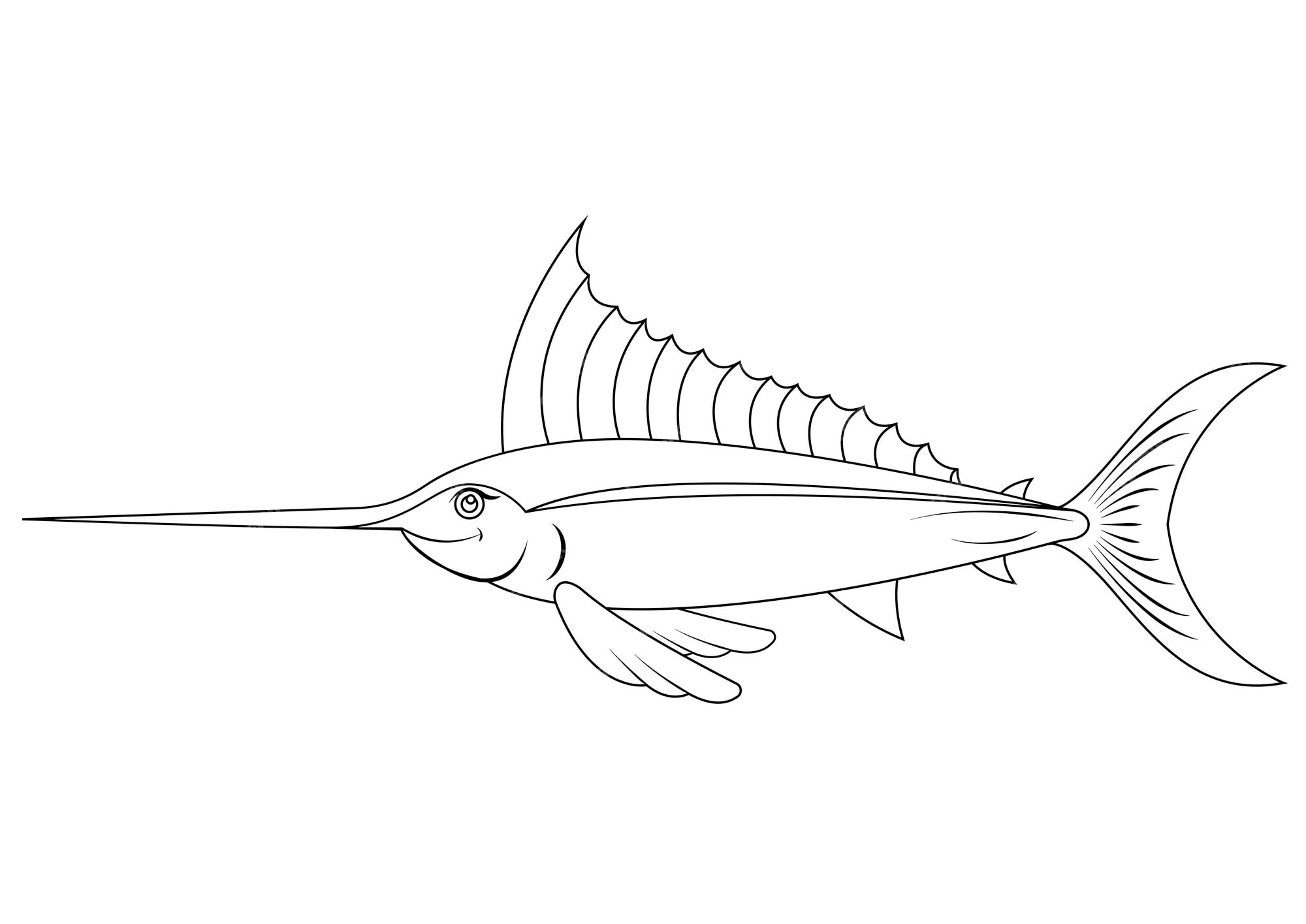 Premium vector black and white swordfish cartoon character vector coloring page of cartoon swordfish
