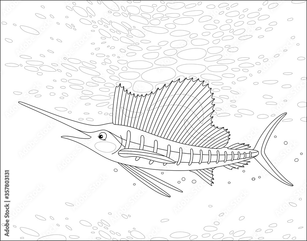 Large marine swordfish swimming in a deep tropical sea black and white outline vector cartoon illustration for a coloring book page vector