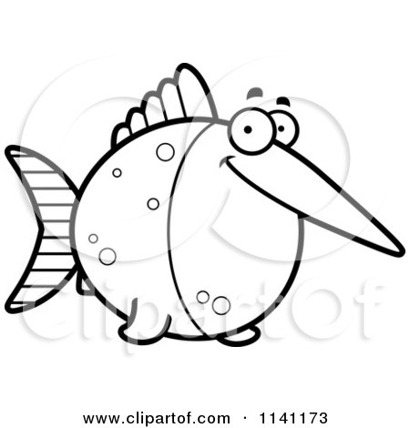 Cartoon clipart of a black and white happy swordfish