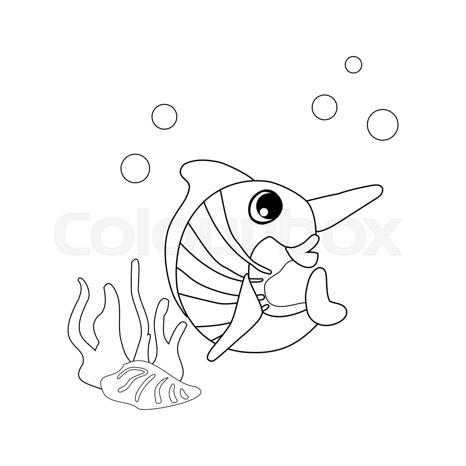 Coloring book swordfish with bubbles and algae in the ocean for posters prints on clothes stock vector