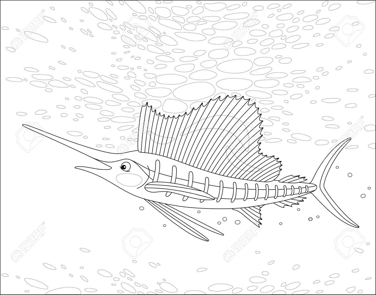 Large marine swordfish swimming in a deep tropical sea black and white outline vector cartoon illustration for a coloring book page royalty free svg cliparts vectors and stock illustration image