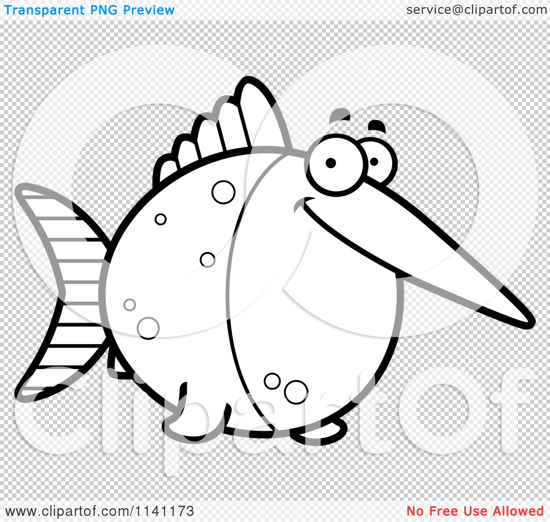 Cartoon clipart of a black and white happy swordfish