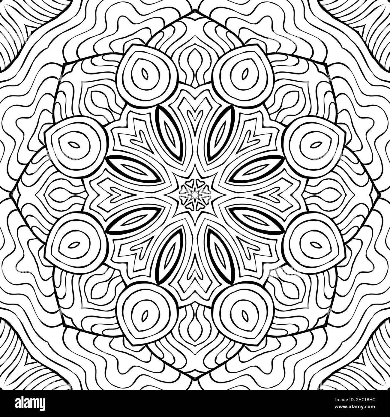 Drawing coloring page antistress black and white symmetrical flower drawing monochrome floral background hand drawn ornament with flowers relaxing stock photo