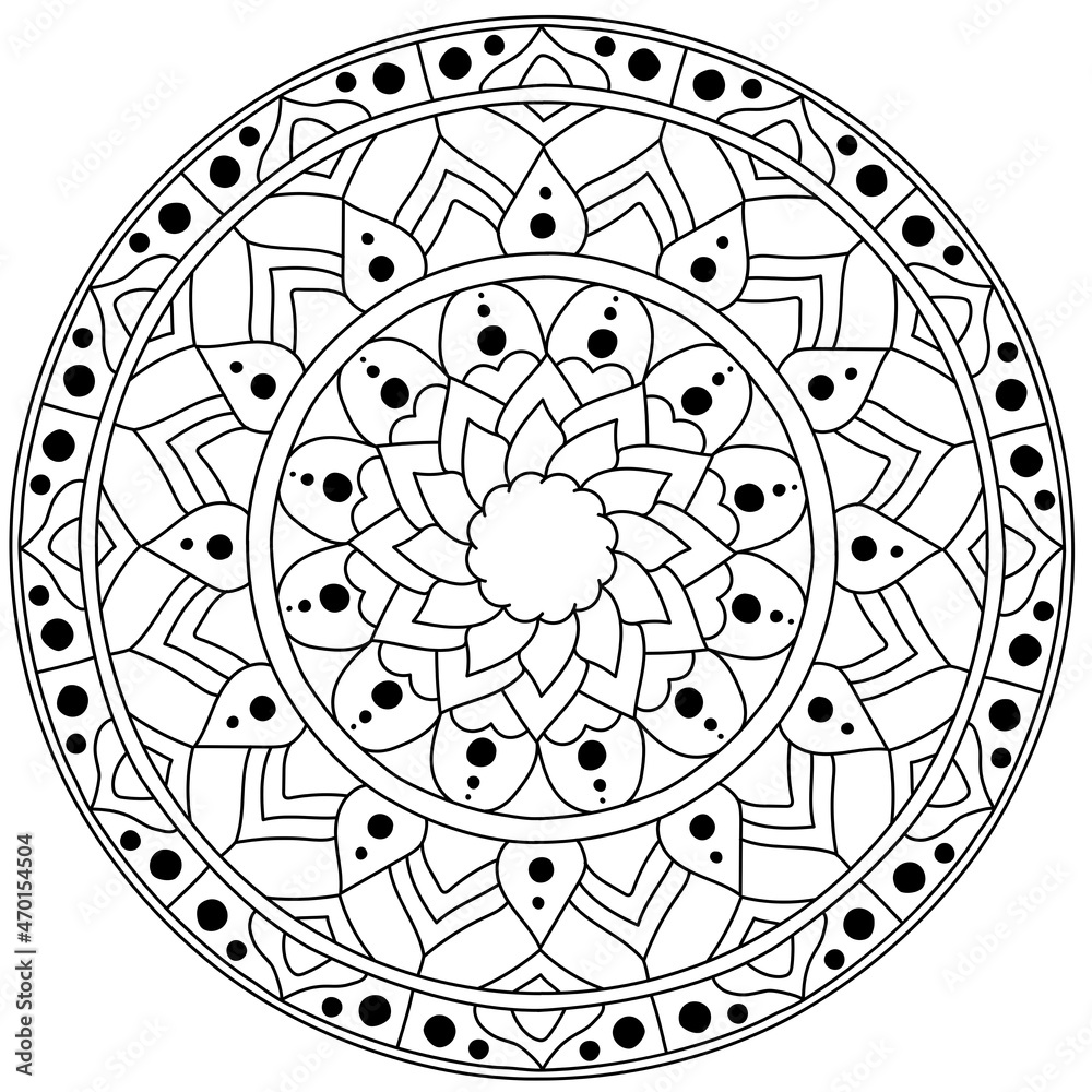 Outline mandala with symmetrical patterns flower coloring page with dots and curls vector
