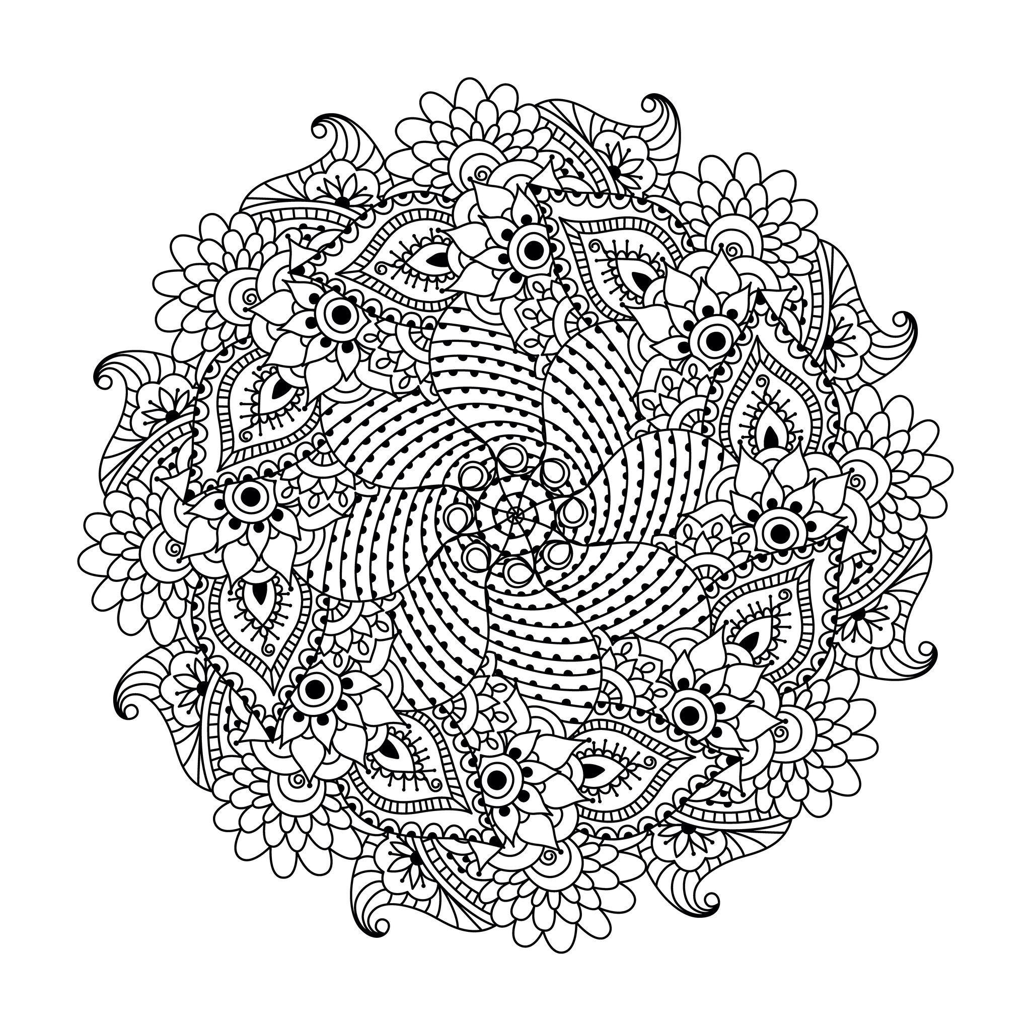 Symmetrical mandala with cute leaves and flowers