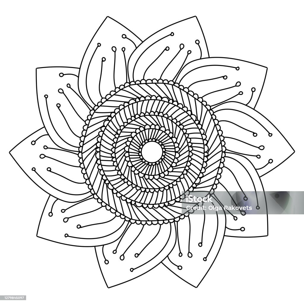 Coloring page with stylized sunflower contour mandala with symmetrical stripes and floral element stock illustration