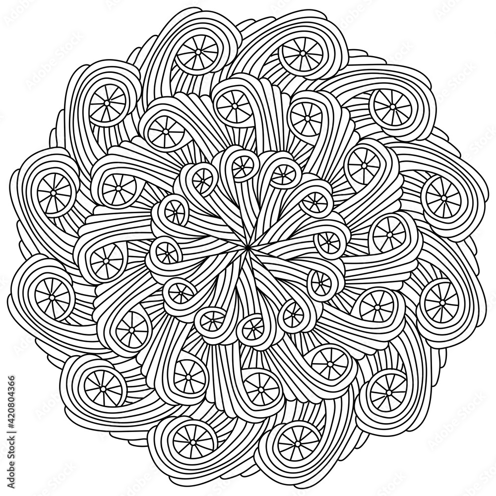 Abstract symmetrical mandala zen coloring page with simple linear swirls vector