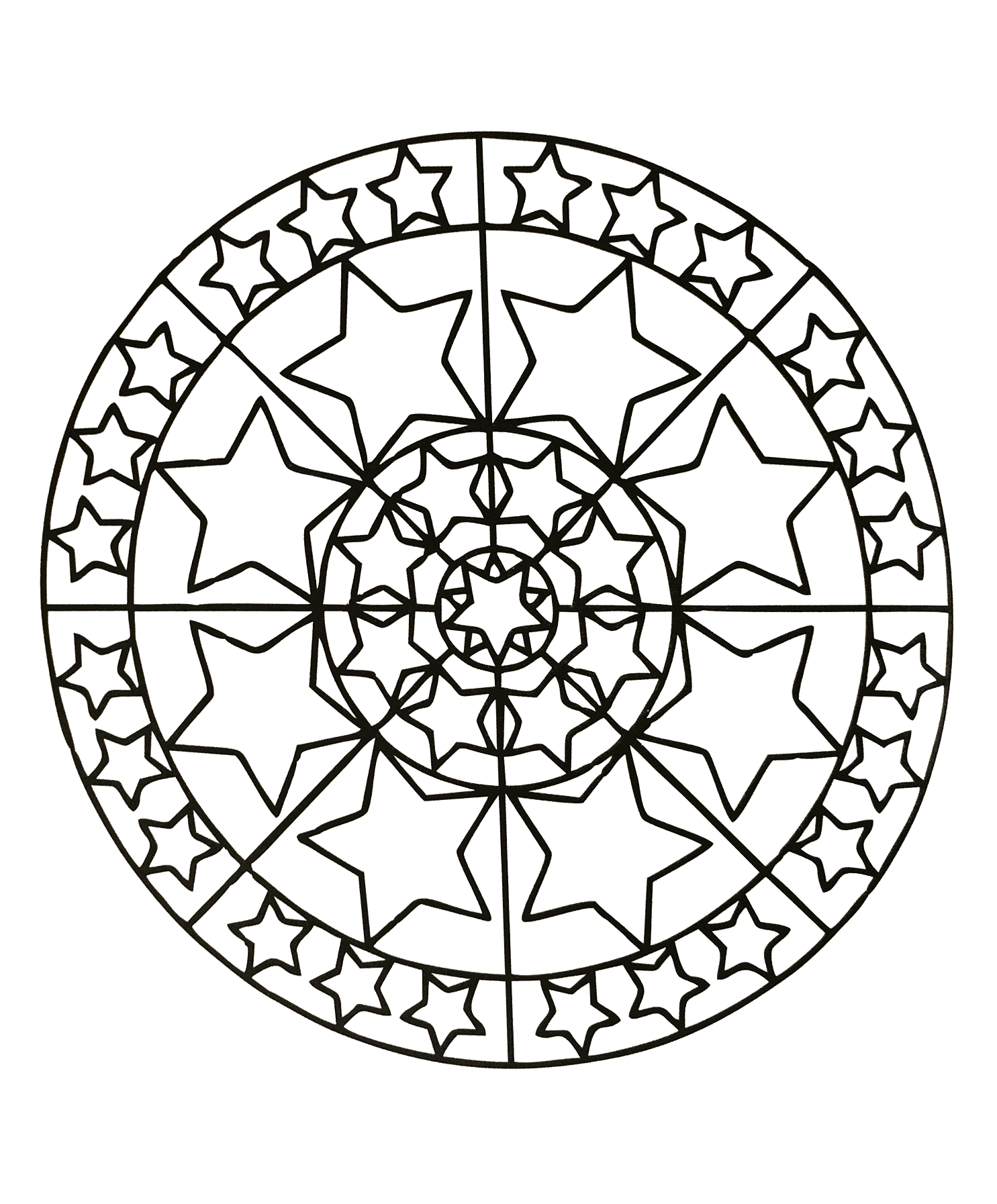 Cute mandala to print and color with stars of different sizes