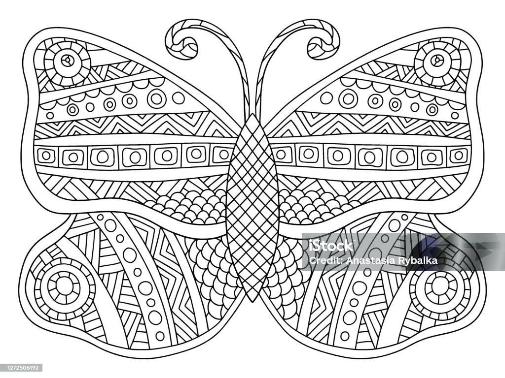 Detailed ornamental symmetry butterfly vector coloring page stock illustration
