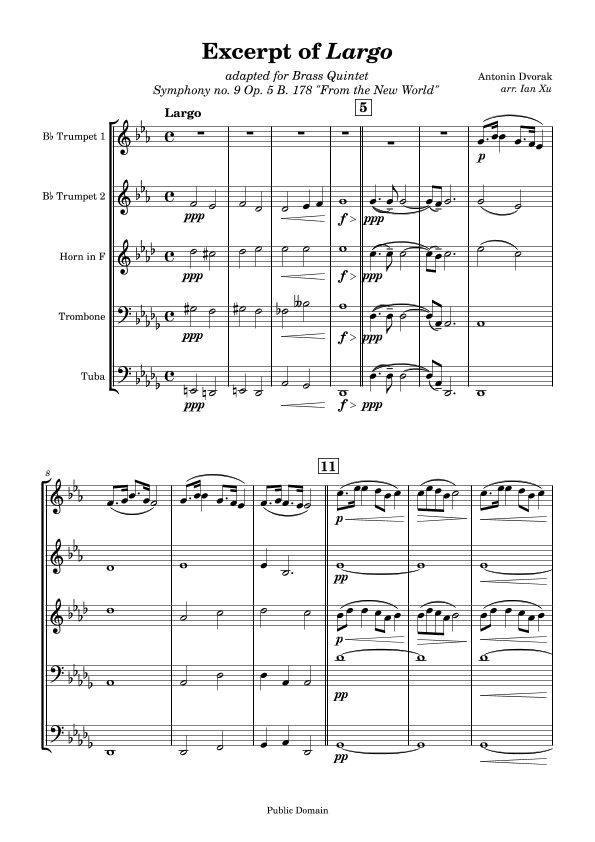 Excerpt of largo from symphony no arr ian xu sheet music antonin dvorak brass ensemble