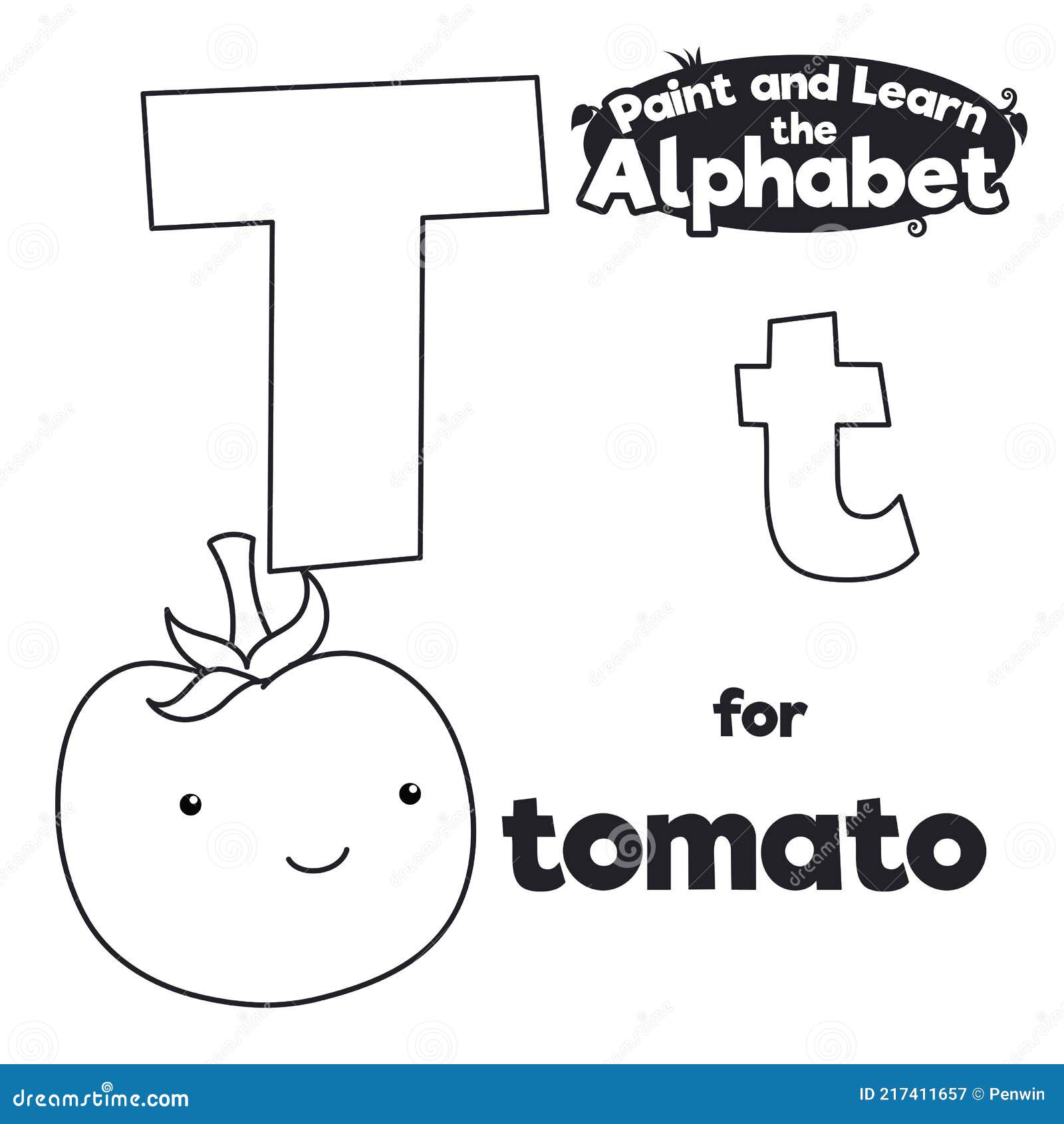Didactic alphabet to color it with letter t and tomato vector illustration stock vector