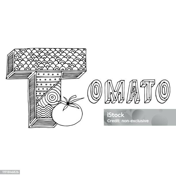 Hand drawing ornamented t letter and tomato simple black outline illustration for coloring pages wallpapers prints cards posters geometric pattern on white isolated background stock illustration