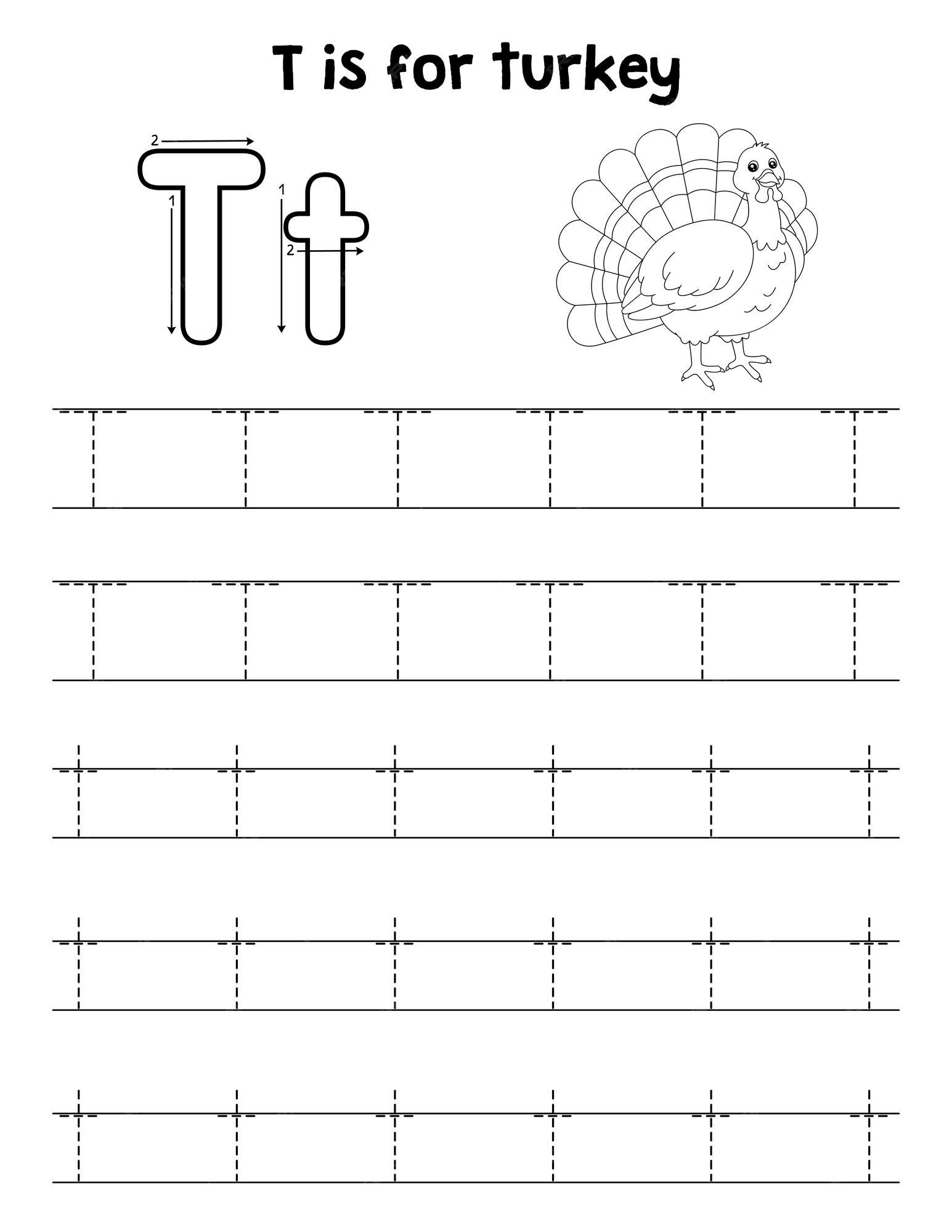 Premium vector turkey animal tracing letter abc coloring page t