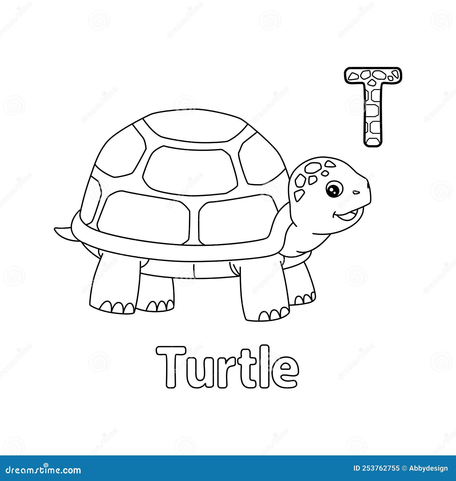 Turtle alphabet abc coloring page t stock vector