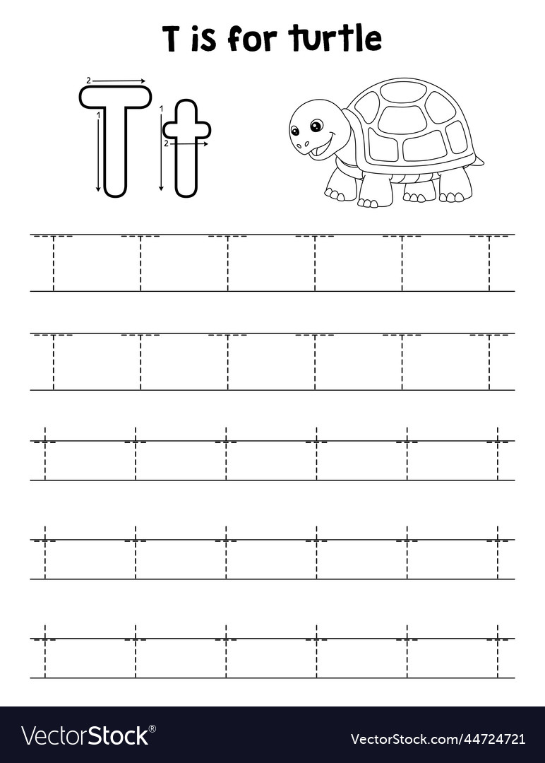 Turtle animal tracing letter abc coloring page t vector image