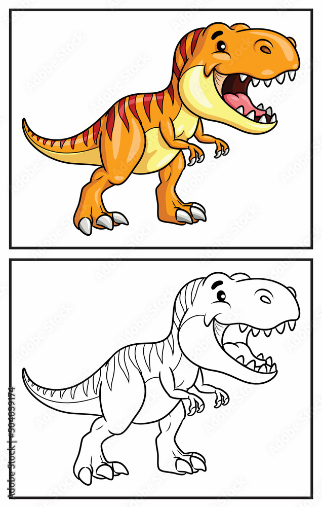 Coloring book cute tyrannosaurus rex coloring page and colorful clipart character vector cartoon illustration vector