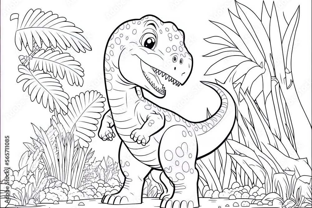 Cute baby dinosaur coloring page template cute tyrannosaur on abstract floral background illustration