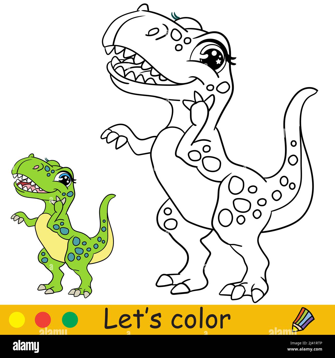 Cartoon cute dinosaur tyrannosaurus coloring book page with colorful template for kids vector isolated illustration for coloring book print game stock vector image art