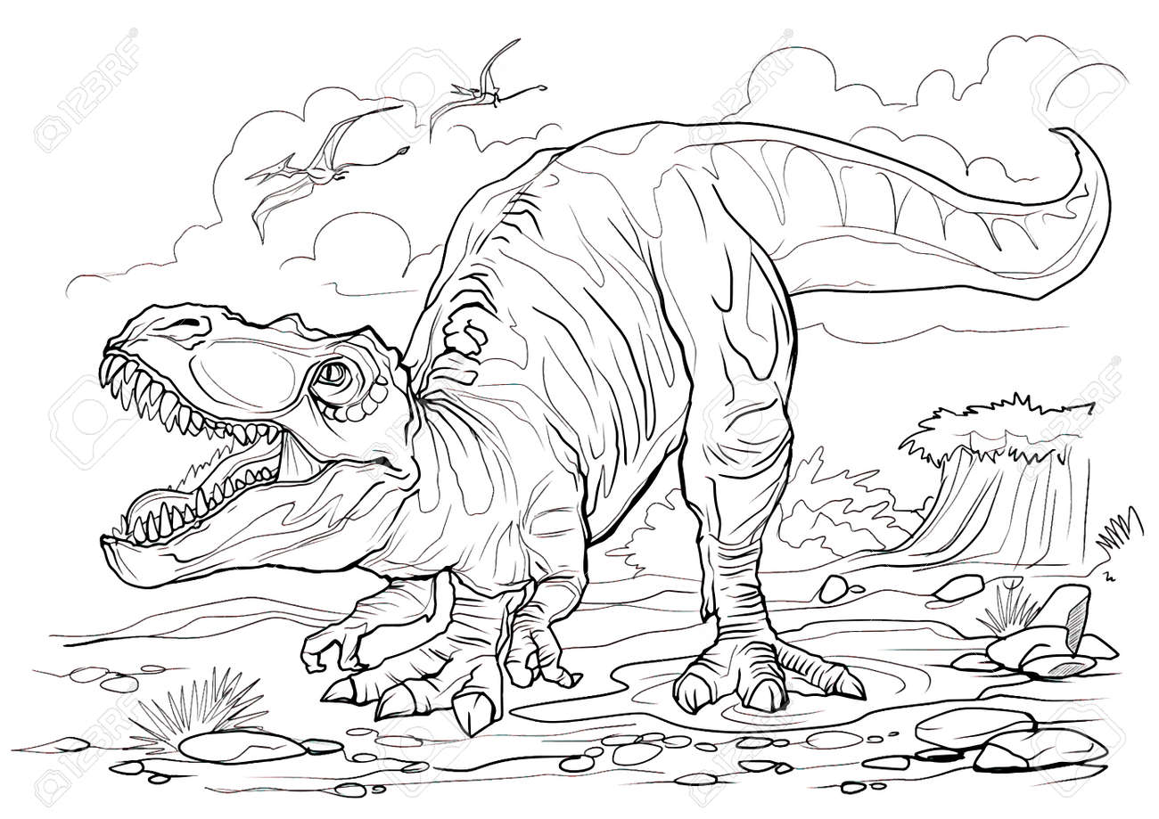 Tyrannosaurus dinosaur coloring page for children and adults hand drawn illustration a size design for wallpapers packaging postcards and posters black and white wild nature royalty free svg cliparts vectors and stock