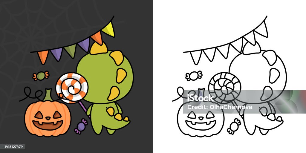 Cute halloween dinosaur clipart for coloring page and illustration happy clip art halloween t rex cute vector illustration of a kawaii halloween dino and pumpkin stock illustration